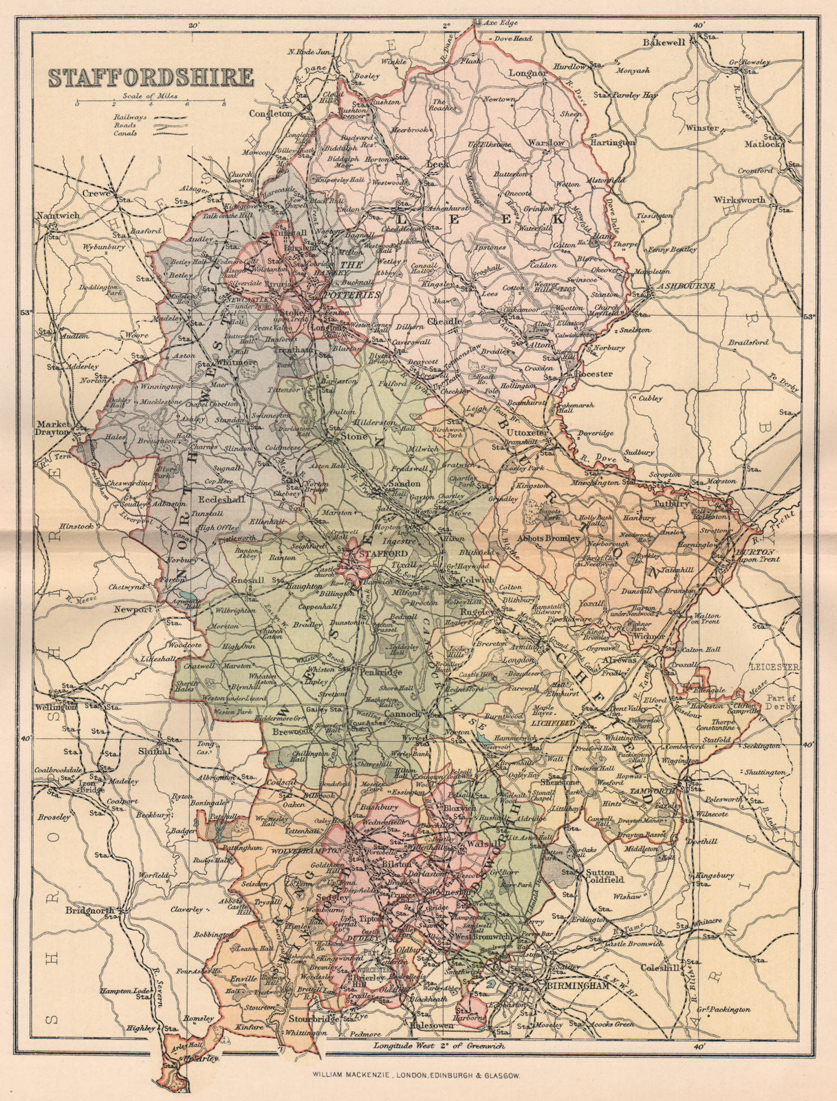 STAFFORDSHIRE. Antique county map 1893 old vintage plan chart